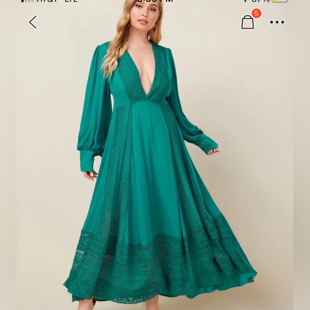 NWOT SHEIN Teal Low Cut Chiffon and Lace Maxi Dress 3XL